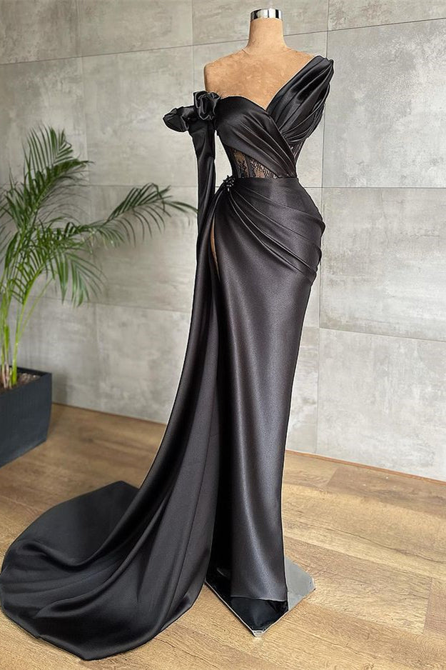 Black Long Sleeves Mermaid One Shoulder Satin Formal Prom Dress