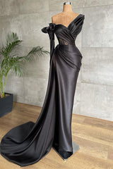 Black Long Sleeves Mermaid One Shoulder Satin Formal Prom Dress