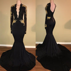 Black Long Sleeves V-Neck Appliques Open Back Elegant Prom Dress