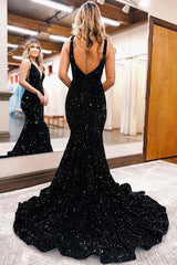 Black V-Neck Sequined Mermaid Evening Dress For Party Online