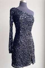 2024 One Shoulder Burgundy Sequin Prom Dresses Short Homecoming Dress