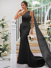 Sheath/Column Stretch Crepe Ruched One-Shoulder Sleeveless Sweep/Brush Train Bridesmaid Dresses