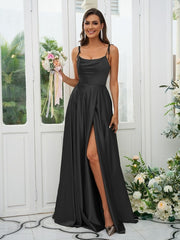 A-Line/Princess Silk like Satin Ruffles Spaghetti Straps Sleeveless Sweep/Brush Train Bridesmaid DressesA-Line/Princess Silk like Satin Ruffles Spaghetti Straps Sleeveless Sweep/Brush Train Bridesmaid Dresses