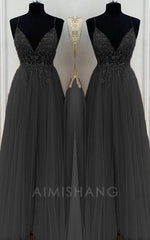 Aimishang A-Line Elegant Beading Tulle Spaghetti Straps Sleeveless Floor-Length Prom Dresses