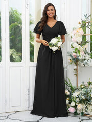 A-Line/Princess Chiffon Ruffles V-neck Short Sleeves Floor-Length Bridesmaid Dresses