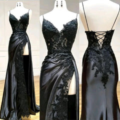 Hot 2024 Black Long Prom Dress Lace V Neck Formal Dresses A Line High split