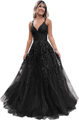2024 Long Blue Lace Prom Dresses V Neck Formal Evening Dresses Open Back