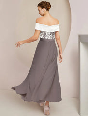 Aimishang A-Line Mother of the Bride Dress Wedding Guest Elegant Off Shoulder Ankle Length Stretch Fabric Short Sleeve with Appliques Ruching
