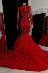 Bling Red Mermaid Long Sleeves Crystal V-Neck Prom Dress