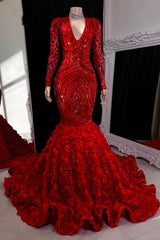 Bling Red Mermaid Long Sleeves Crystal V-Neck Prom Dress