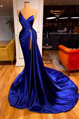 Bling Royal Blue Sweetheart Ruffles Side Slit Prom Dress with Crystal