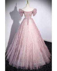 Unique powder blusher pink glitter sequins off shoulder rhinestone applique short sleeve prom dress powder blusher pink A-line princess backless strap long evening dress