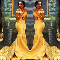 Bling Yellow Off Shoulder Mermaid Appliques Prom Dress with Beadings