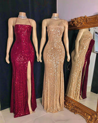 Blingbling Sequins Spaghetti Strap Side Slit Floor-Length Prom Dress
