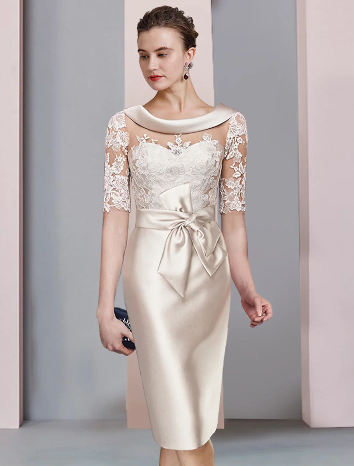 Aimishang  Sheath / Column Mother of the Bride Dress Wedding Guest Elegant Scoop Neck Knee Length Satin Lace Half Sleeve with Bow(s) Appliques