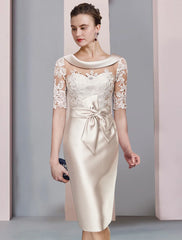 Aimishang  Sheath / Column Mother of the Bride Dress Wedding Guest Elegant Scoop Neck Knee Length Satin Lace Half Sleeve with Bow(s) Appliques