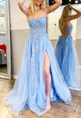 A-Line Spaghetti Strap Long Prom Dresses, Blue Lace Evening Dresses