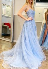 A-Line Spaghetti Strap Long Prom Dresses, Blue Lace Evening Dresses