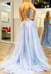A-Line Spaghetti Strap Long Prom Dresses, Blue Lace Evening Dresses