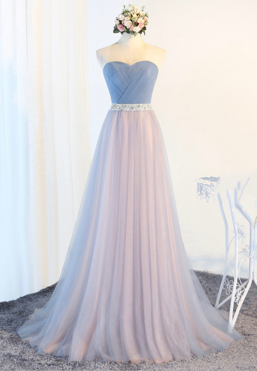 Blue Tulle Long Prom Dresses, A-Line Strapless Evening Dresses