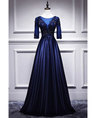 Elegant and noble blue short sleeved lace decal ball dress with blue V-neck satin and beaded back zipper and floor length evening dress