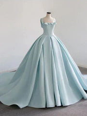 Light Blue Satin Long Ball Gown Quinceanera Dresses Princess Dress Prom Dress