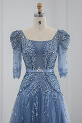 Blue Square Collar A Line Tulle Evening Dress with Appliques