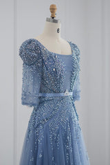 Blue Square Collar A Line Tulle Evening Dress with Appliques