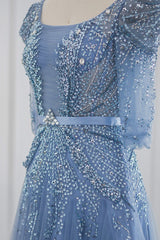 Blue Square Collar A Line Tulle Evening Dress with Appliques