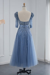 Blue Square Collar A Line Tulle Evening Dress with Appliques
