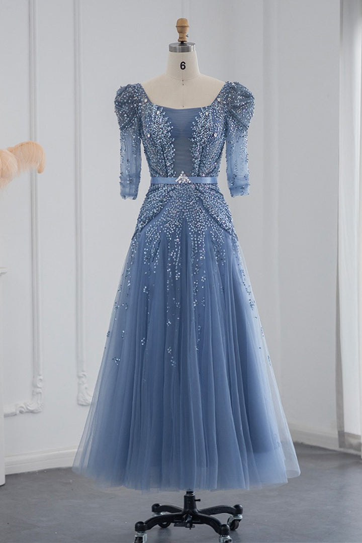 Blue Square Collar A Line Tulle Evening Dress with Appliques