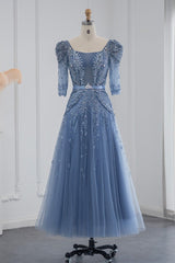 Blue Square Collar A Line Tulle Evening Dress with Appliques
