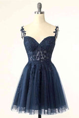 Short Navy Blue Homecoming Dresses Lace Wedding Guest Dress