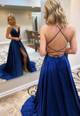 Blue V-Neck Satin Long Prom Dresses, A-Line Backless Prom Dresses