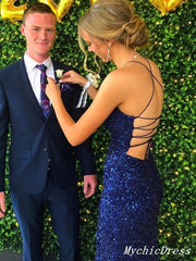 2024 Mermaid Glitter Iridescent Royal Blue Prom Dresses Sequin Spaghetti Straps Split
