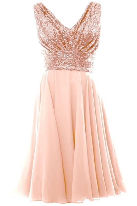 Blush Pink V Sleeveless Chiffon Short Bridesmaid Dress with Rose Gold Sequins Prom Gown