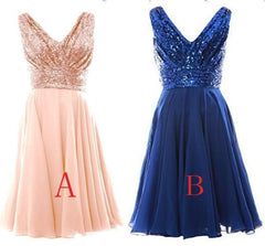Blush Pink V Sleeveless Chiffon Short Bridesmaid Dress with Rose Gold Sequins Prom Gown