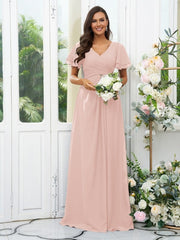 A-Line/Princess Chiffon Ruffles V-neck Short Sleeves Floor-Length Bridesmaid Dresses