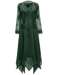 Two Piece A-Line Mother of the Bride Dress Wedding Guest Church Wrap Included V Neck Knee Length Chiffon 3/4 Length Sleeve with Pleats