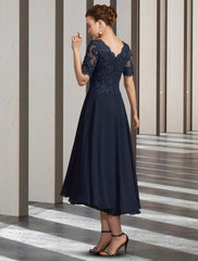 Aimishang A-Line Mother of the Bride Dress Elegant High Low V Neck Asymmetrical Tea Length Chiffon Lace Short Sleeve with Pleats Appliques