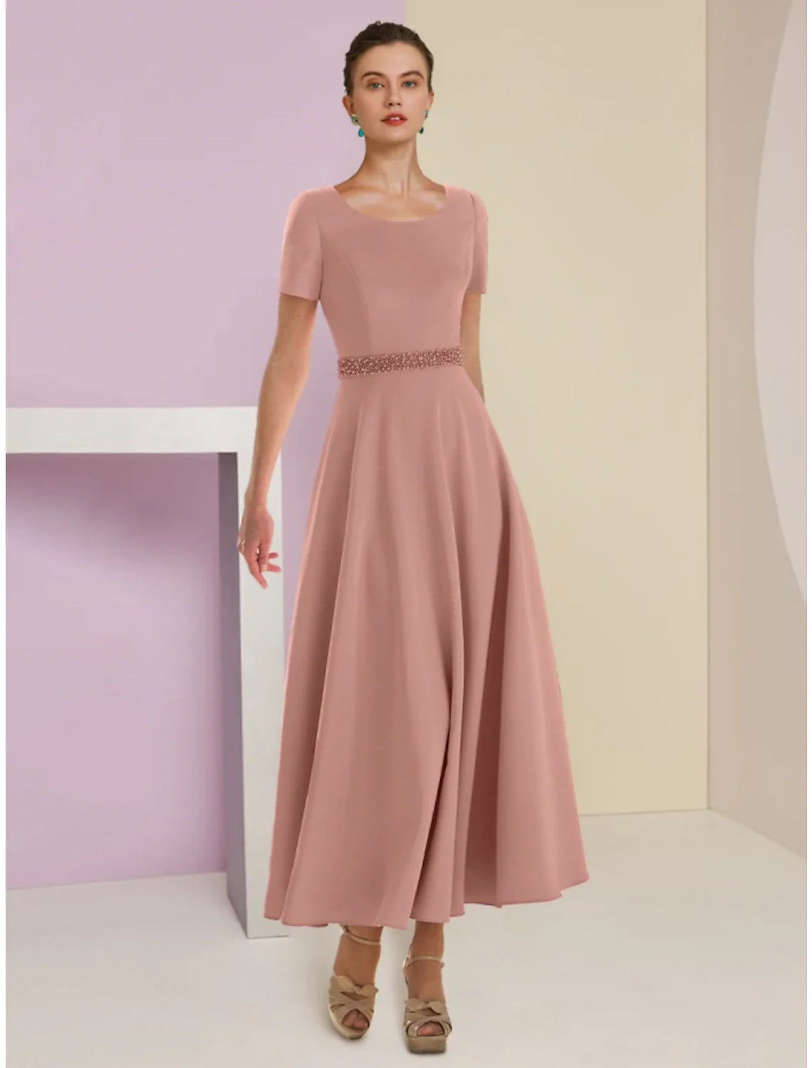 Aimishang  A-Line Mother of the Bride Dress Wedding Guest Elegant Scoop Neck Ankle Length Satin 3/4 Length Sleeve with Feather Bow(s) Beading