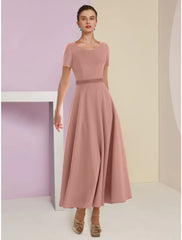 Aimishang  A-Line Mother of the Bride Dress Wedding Guest Elegant Scoop Neck Ankle Length Satin 3/4 Length Sleeve with Feather Bow(s) Beading