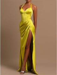 Mermaid / Trumpet Evening Gown Corsets Dress Formal Wedding Guest Floor Length Sleeveless Halter Neck Satin with Ruched Slit 2025