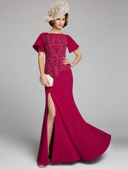 Aimishang Mermaid / Trumpet Mother of the Bride Dress Bateau Neck Floor Length Chiffon Lace Short Sleeve with Lace Split Front