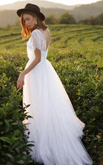 Bohemian A Line Lace Tulle Jewel Short Sleeve Wedding Dress with Ruffles