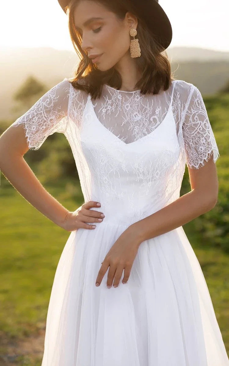 Bohemian A Line Lace Tulle Jewel Short Sleeve Wedding Dress with Ruffles