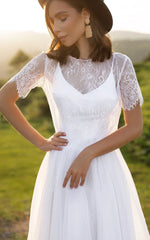 Bohemian A Line Lace Tulle Jewel Short Sleeve Wedding Dress with Ruffles