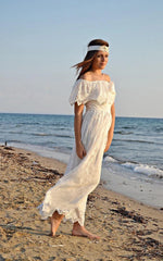 Boho Off-The-Shoulder Empire Anckle-Length Lace Wedding Dress With Sash