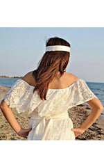 Boho Off-The-Shoulder Empire Anckle-Length Lace Wedding Dress With Sash