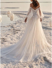 Wholesale Beach Formal Wedding Dresses A-Line Off Shoulder Long Sleeve Court Train Lace Bridal Gowns With Appliques